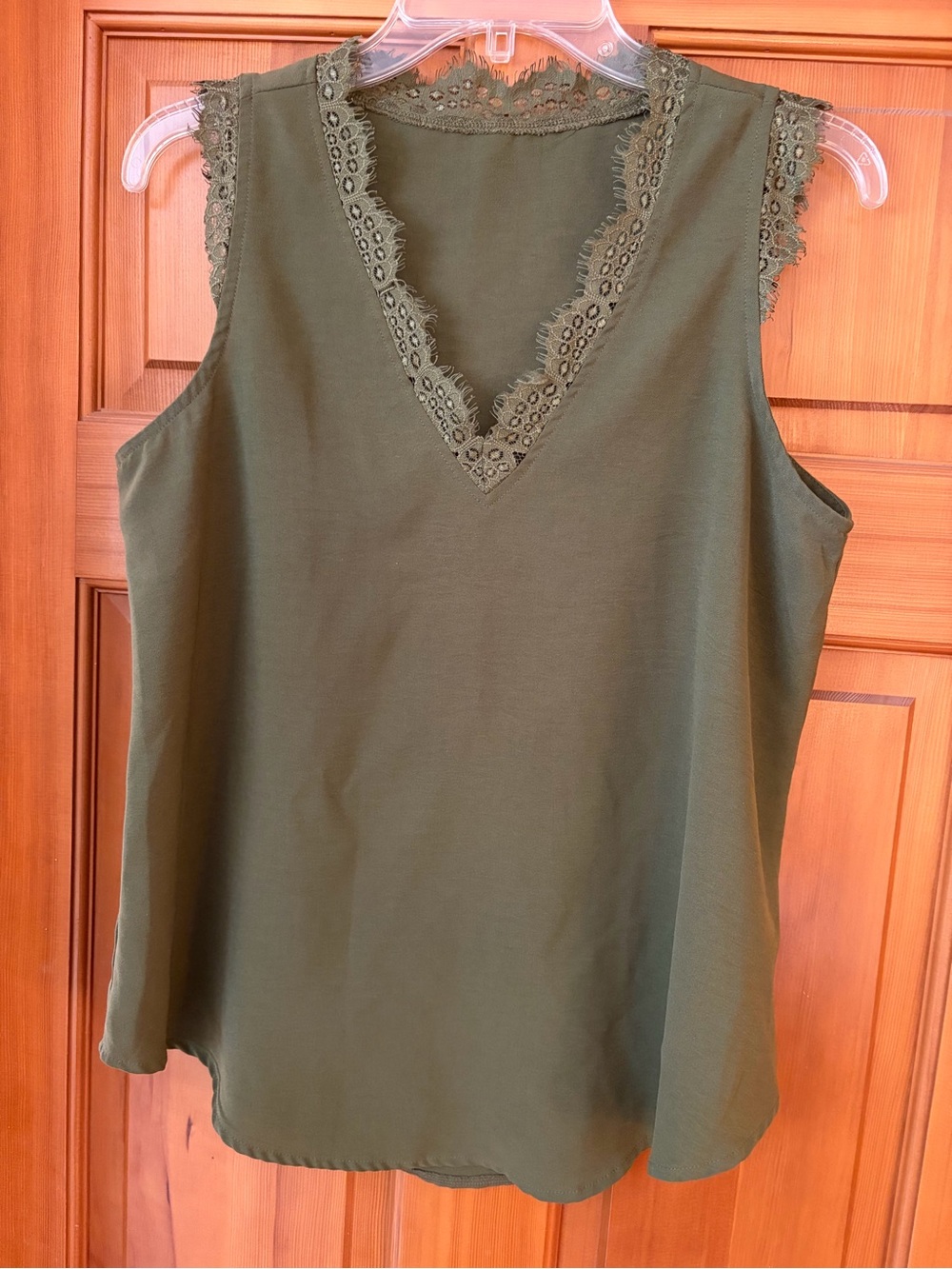 Sleeveless Olive V-Neck Lace Trim Top - Women